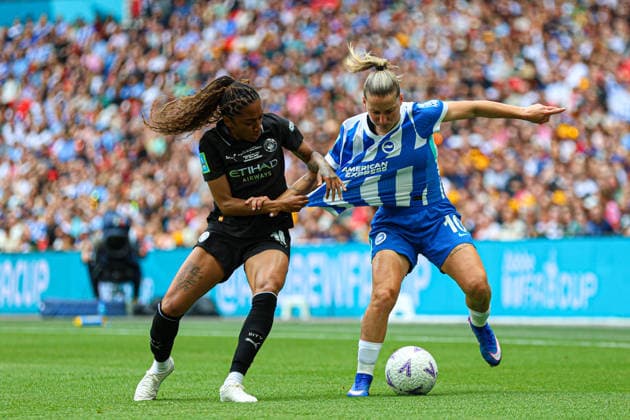LONDON, ENGLAND - May 31: Kerolin Nicoli of Manchester City and Jelena Cankovic of Brighton and Hove Albion battle for the ball during the Adobe Womens FA Cup Final match between Brighton and Hove Albion and Manchester City at Wembley Stadium, May 31 in London, England Copyright: xNataliexMincher SPPx Sportspressphoto_SPR157780