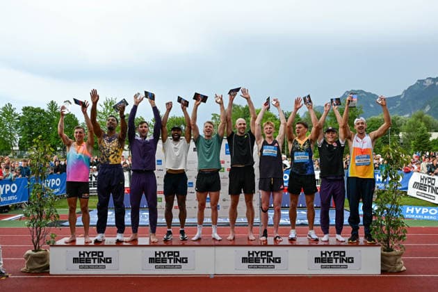 ATHLETICS - Hypomeeting Goetzis 2026 GOETZIS,AUSTRIA,31.MAY.26 - ATHLETICS - World Athletics Combined Events Tour, Hypomeeting, decathlon, ceremony. Image shows the top ten: Simon Ehammer (SUI), Leo Neugebauer (GER), Niklas Kaul (GER), Damian Warner (CAN), Sven Roosen (NED), Karel Tilga (EST), Tomas Jaervinen (CZE), Heath Baldwin (USA), Amadeus Graeber (GER) and Harrison Williams (USA).  GEPAxpictures xOliverxLerch