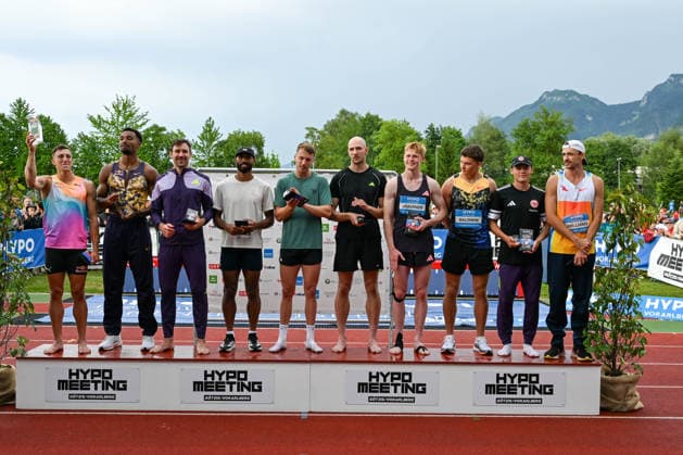 ATHLETICS - Hypomeeting Goetzis 2026 GOETZIS,AUSTRIA,31.MAY.26 - ATHLETICS - World Athletics Combined Events Tour, Hypomeeting, decathlon, ceremony. Image shows the top ten: Simon Ehammer (SUI), Leo Neugebauer (GER), Niklas Kaul (GER), Damian Warner (CAN), Sven Roosen (NED), Karel Tilga (EST), Tomas Jaervinen (CZE), Heath Baldwin (USA), Amadeus Graeber (GER) and Harrison Williams (USA).  GEPAxpictures xOliverxLerch