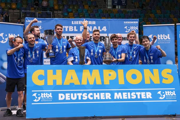 FC Saarbrücken Table Tennis players celebrate winning all three trophies during the final matches of the Liebherr TTBL Final4 Borussia Düsseldorf FC Saarbrücken Table Tennis at the Süwag Energie ARENA on May 31, 2026, in Frankfurt, Germany Copyright: JoaquimxFerreira