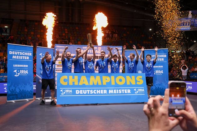 1 FC Saarbrücken Table Tennis celebrates winning the German Championship after the final matches of the Liebherr TTBL Final4 Borussia Düsseldorf FC Saarbrücken Table Tennis at the Süwag Energie ARENA on May 31, 2026, in Frankfurt, Germany Copyright: JoaquimxFerreira