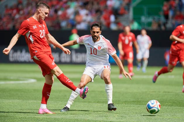 Soccer World Cup 2026 preparation match Switzerland vs. Jordan, St Gallen, Switzerland St Gallen, Switzerland 31 May 2026 Michel Aebischer and Mousa Tamari at the World Cup 2026 preparation match Switzerland vs. Jordan in St Gallen