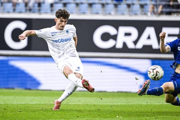 Genk s Robin Mirisola scores a goal during a soccer match between KAA Gent and Racing Genk, Sunday 31 May 2026 in Gent, an European Play-off game of the 2025-2026 Jupiler Pro League first division of the Belgian championship. TOM GOYVAERTS TomxGoyvaerts  x175563117x