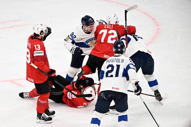 LKS 20260531 Finnish and Swiss players scuffles during the 2026 IIHF Ice hockey, Eishockey World Championships final match between Switzerland and Finland in Zurich on May 31, 2026. - RONI REKOMAA Zürich Switzerland ceo65YkliHU  Copyright: xRonixRekomaax ceo65YkliHU