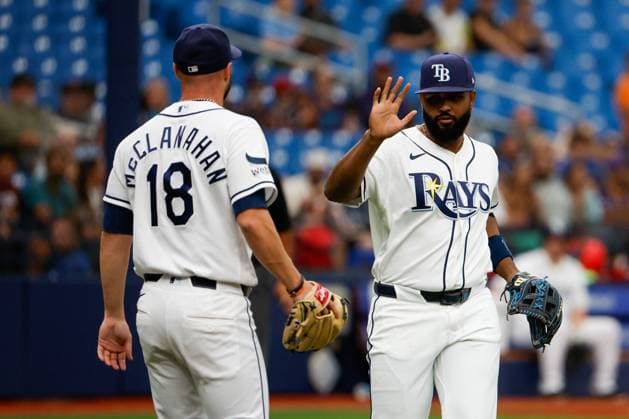 May 31, 2026, St. Petersburg, Florida, USA: Tampa Bay Rays pitcher Shane McClanahan (18) gives a high-five to third baseman Junior Caminero (13), after he throws out Los Angeles Angels shortstop Zach Neto (9) at first base for an out during the first inning at Tropicana Field on Sunday, May 31, 2026, in St. Petersburg. St. Petersburg USA - ZUMAs70_ 20260531_zan_s70_008 Copyright: xJeffereexWoox