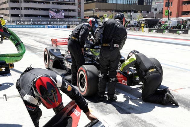Mick Schumacher GER Honda 47 during the repair stop at the RLL pit after his accident in the race, GP Detroit, Michigan, USA, 31 05 2026, Indycar Series, US Motorsport, Mechanics working on the Dallara