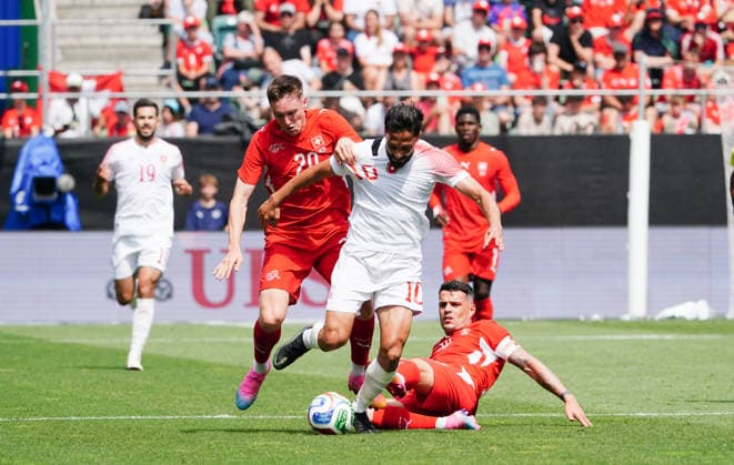 31 05 2026 Switzerland St Gallen Football Season 2025 2026 Switzerland Jordan Picture , Musa AL Tamari JOR vs Michel Aebischer and Grnit Xhaka SUI Action duel