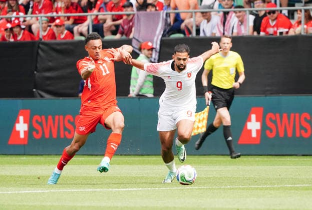 31 05 2026 Switzerland St Gallen Football Season 2025 2026 Switzerland Jordan Picture , Ali Olwan 9 JOR vs Dan Ndoye SUI Li Action duel