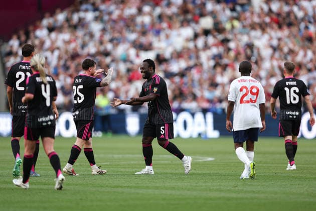 London, England, 31st May 2026. Michael Essien of World XI celebrates the fourth goal with his teammates during the England vs Soccer Aid World XI UNICEF Soccer Aid match at the London Stadium, London. Picture credit should read: Jake Youle Sportimage EDITORIAL USE ONLY. No use with unauthorised audio, video, data, fixture lists, club league logos or live services. Online in-match use limited to 120 images, no video emulation. No use in betting, games or single club league player publications. SPI_060_England_World_XI SPI-4829-0059