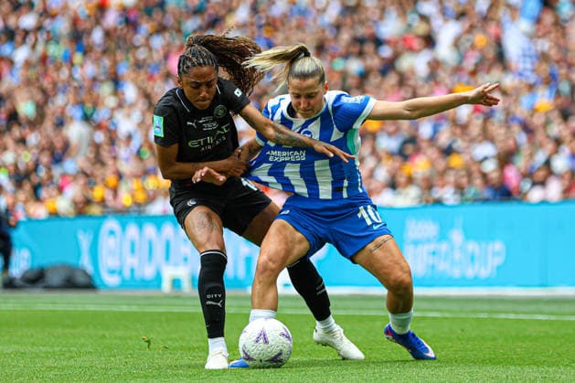 LONDON, ENGLAND - May 31: Kerolin Nicoli of Manchester City and Jelena Cankovic of Brighton and Hove Albion battle for the ball during the Adobe Womens FA Cup Final match between Brighton and Hove Albion and Manchester City at Wembley Stadium, May 31 in London, England Copyright: xNataliexMincher SPPx Sportspressphoto_SPR158768
