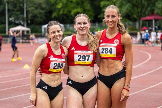 Hessian Championships Active Darmstadt, 31 05 2026 The medal winners of the 100m hurdles, from left to right Stephanie Kleiber, Lilly Müller and Sara Hamin all Eintracht Frankfurt e V Hessian Championships Active in the Bürgerparkstadion in Darmstadt on 31 05 2026, Hesse Copyright: xBEAUTIFULxSPORTS KJPetersx