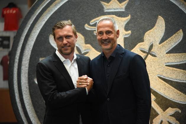 01 06 2026 xhpx Frankfurt am Main, Deutsche Bank Park Bundesliga Season 2025 2026 Presentation Adolf Adi Hütter as new coach at Eintracht Frankfurt Picture shows Frankfurts sports director Markus Krösche and coach Adi Hütter DFL DFB REGULATIONS PROHIBIT ANY USE OF PHOTOGRAPHS AS IMAGE SEQUENCES AND OR QUASI VIDEO