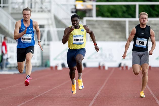 From left Benedikt Thomas Wallstein of Germany, Toluwabori Akinola of Ireland and Henri Sai of Estonia, 100 metres run, men, final, 33th Josef Odlozil Memorial, international athletics meeting, part of WACT European Bronze Meeting, in Prague, Czech Republic, June 1, 2026. (CTKxPhoto OndrejxDeml) CTKPhotoP2026060107005  CTKPhotoP2026060107005