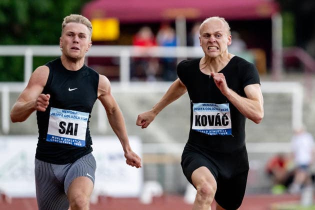 From left Henri Sai of Estonia and Dan Kovac of Czech Republic, 100 metres run, men, final, 33th Josef Odlozil Memorial, international athletics meeting, part of WACT European Bronze Meeting, in Prague, Czech Republic, June 1, 2026. (CTKxPhoto OndrejxDeml) CTKPhotoP2026060107017  CTKPhotoP2026060107017