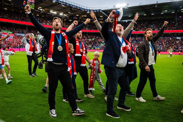 Ice hockey, Norway's national team celebrates World Championship bronze medal in football test match against Sweden in Oslo
