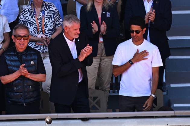 2026 French Open - PSG Players Paris Saint Germain s Qatari president Nasser al-Khelaifi, next to French Tennis Federation s President Gilles Moretton at the 2026 Roland Garros French Tennis open tournament in Paris, France, on June 1, 2026. Photo by Corinne Dubreuil ABACAPRESS.COM Paris France  Copyright: xDubreuilxCorinne ABACAx