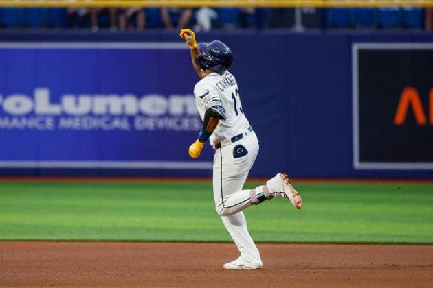 June 1, 2026, St. Petersburg, Florida, USA: Tampa Bay Rays third baseman Junior Caminero (13) celebrates, after he hits a two-run homer off of Detroit Tigers pitcher Ty Madden (36) during the fourth inning at Tropicana Field on Monday, June 1, 2026, in St. Petersburg. Florida News - June 1, 2026  - ZUMAs70_ 20260601_zan_s70_051 Copyright: xJeffereexWoox