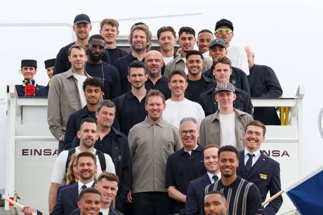 FRANKFURT AM MAIN, GERMANY 02 June 2026 The German mens national team at the official departure to North America at Frankfurt Airport before the start of the 2026 FIFA World Cup The German Football Association DFB and Lufthansa bid farewell to the team on their way to the worlds biggest soccer tournament from left, goalkeeper Manuel Neuer Germany , Nathaniel Brown Germany , Anton Ruediger Germany , Angelo Stiller Germany , top right with sunglasses Leroy Sane Germany , in the middle head coach Julian Nagelsmann Germany Copyright: JoaquimxFerreira