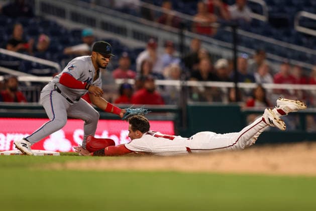 June 2, 2026, Washington D.C, District Of Columbia, United States: Washington, DC; Washington Nationals catcher Drew Millas (14) slides into third base during the Major League Baseball game between the Washington Nationals and the Miami Marlins at Nationals Park on Tuesday, June 2, 2026. The Marlins beat the Nationals 7-3. Washington D.C United States - ZUMAp258 20260602_znp_p258_091 Copyright: xStevexPrakopex