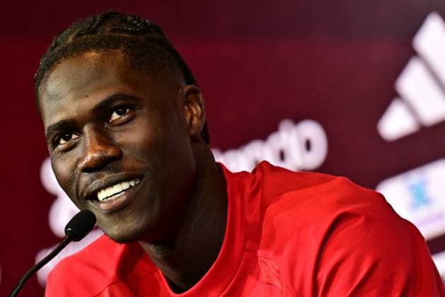 Belgium s Amadou Onana pictured during a press conference, PK, Pressekonferenz of Belgian national soccer team Red Devils for the 2026 FIFA World Cup, WM, Weltmeisterschaft, Fussball at the Proximus Basecamp in Tubize, on Wednesday 03 June 2026. The 2026 FIFA World Cup will take place in the United States, Mexico, and Canada from 11 06 to 19 07. BRUNOxFAHY  x175808963x