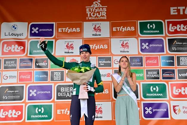 Tour de Wallonie 2026 Stage 3 VAUX-SUR-SÛRE, BELGIUM - JUNE 03 : Pithie Laurence (NZL) of Red Bull BORA Hansgrohe pictured during the podium ceremony of stage 3 of the 47th edition of Ethias Tour de Wallonie an UCI ProSeries 2.Pro cycling road race stage for Men Elite of 176.9 km with start in Habay and finish in Vaux-sur-Sûre on June 3, 2026 in Vaux-sur-Sûre, Belgium, 03 06 2026 ( Motordriver Pieter Van Herzele - Vaux-sur-Sûre Belgium  Copyright: xSesx