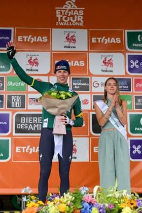 New Zealander Laurence Pithie of Red Bull-BORA-hansgrohe pictured on the podium after the third stage of the Tour De Wallonie cycling race, from Habay to Vaux-sur-SÃ»re (176,9 km), on Wednesday 03 June 2026. DAVIDxPINTENS  x175841356x
