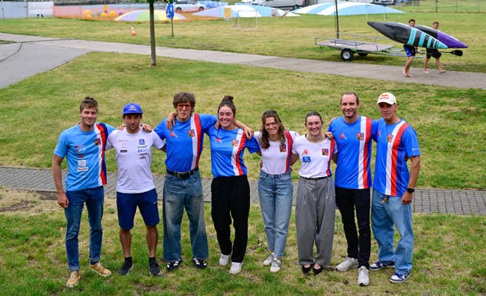 Kanu, ICF Slalom Weltcup in Prag - Troja, PRessekonferenz From left Czech canoeists Lukas Rohan, Jiri Prskavec, Matyas Novak, Tereza Kneblova, Amalie Hilgertova, Barbora Galuskova, Vit Prindis, Jakub Krejci pose to photographers at a press conference, PK, Pressekonferenz prior to ICF Canoe Slalom World Cup 2026 on June 3, 2026, in Prague, Czech Republic. World Cup slalom races to be held June 5-7 in Troja, Prague. (CTKxPhoto RomanxVondrous) CTKPhotoP2026060306135  CTKPhotoP2026060306135