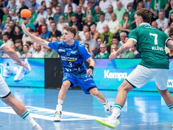 Max Haefner TVB Stuttgart, 03 on the ball, Frisch Auf Goeppingen vs TVB Stuttgart, Handball, 1 Bundesliga, Men, Season 2025 2026, 03 06 2026, Frisch Auf Goeppingen vs TVB Stuttgart, Handball, 1 Bundesliga, Men, Season 2025 2026, 03 06 2026 Goeppingen Copyright: xEibner-Pressefoto MichaelxSchmidx EP_MST