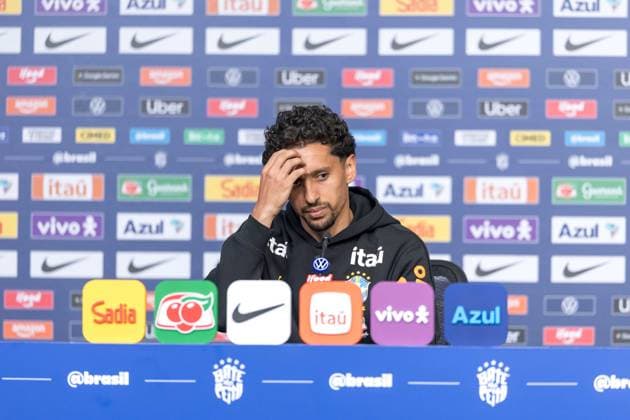 Fußball, FIFA WM 2026, Nationalteam Brasilien, Pressekonferenz Brazilian national team, Nationalteam press conference, PK, Pressekonferenz Marquinhos jogador da selecao brasileira atende jornalistas durante coletiva de imprensa no hotel The Ridge na cidade de Basking Ridge em Nova Jersei nos Estados Unidos nesta quarta-feira, 03 de junho de 2026. Basking Ridge NJ UNITED STATES Copyright: xWilliamxVolcovx