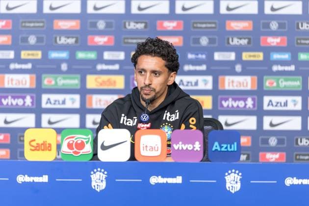 Fußball, FIFA WM 2026, Nationalteam Brasilien, Pressekonferenz Brazilian national team, Nationalteam press conference, PK, Pressekonferenz Marquinhos, a player for the Brazilian national team, speaks with journalists during a press conference at The Ridge hotel in Basking Ridge, New Jersey, United States, this Wednesday, June 3, 2026. Basking Ridge NJ UNITED STATES Copyright: xWilliamxVolcovx