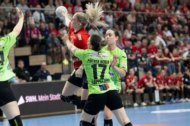 Handball Bundesliga Women,HBF, Season 2025 2026 Relegation SV Union Halle Neustadt vs Spreefüchse Berlin Halle, Germany 03 June 2026 In the picture from left Viktoria Marksteiner Halle and Angela Cappellaro Berlin Halle Saale SWH Arena Sachsen Anhalt Germany