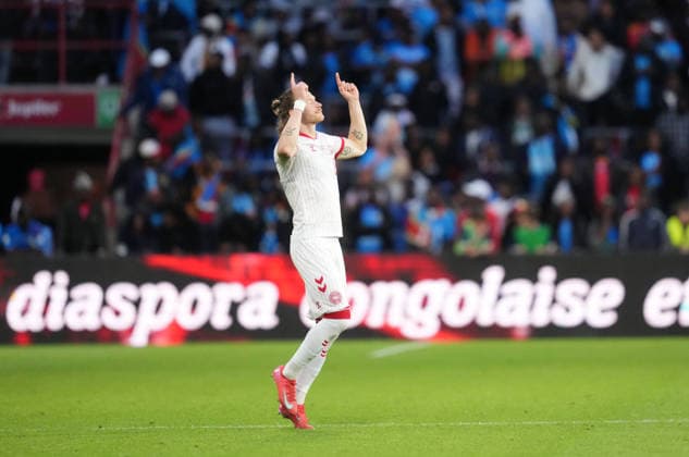 Kasper Hoegh Denmark gestures during DR Congo and Denmark, UEFA International Friendly, Stade Maurice Dufrasne, Liege, Belgium on June 3, 2026 Thor Wegner DeFodi Images Photo by DeFodi Images