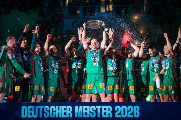 Germany HBL DAIKIN Handball Bundesliga 2025 2026, Matchday 33 SC Magdeburg vs VfL Gummersbach GETEC Arena Magdeburg Championship ceremony, cup, trophy, celebration, jubilation, emotions Copyright: xTomxLauruschkatx