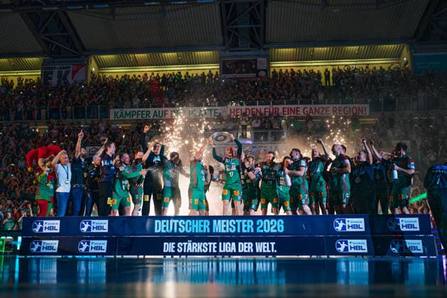 Germany HBL DAIKIN Handball Bundesliga 2025 2026, Matchday 33 SC Magdeburg vs VfL Gummersbach GETEC Arena Magdeburg Championship ceremony, cup, trophy, celebration, jubilation, emotions Copyright: xTomxLauruschkatx