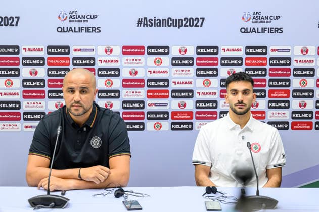 Lebanon team press conference, PK, Pressekonferenz and Training Lebanon head coach Madjid Bougherra (L) and player Gabriel Bitar (R) are attending a press conference ahead of the Asian Cup Saudi Arabia 2027 Qualifiers Group B match between Lebanon and Yemen at Grand Hamad Stadium in Doha, Qatar, on June 3, 2026. DOHA Qatar Copyright: xNOUSHADx