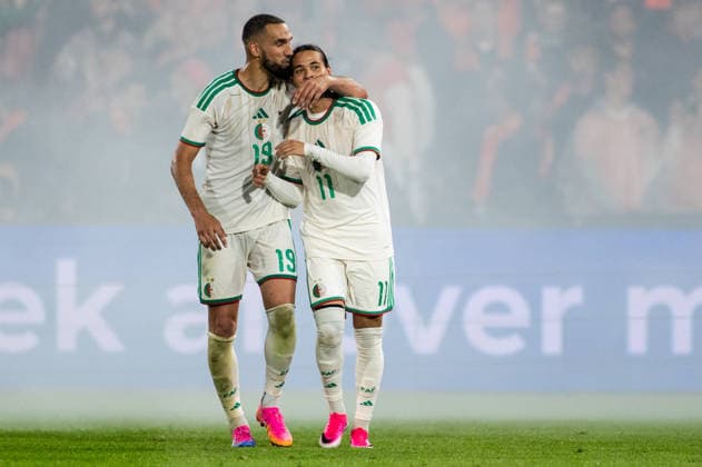 ROTTERDAM, NETHERLANDS - JUNE 3: Nabil Bentaleb of Algeria and Anis Hadj Moussa of Algeria celebrate their team s first goal during the International Friendly, Länderspiel, Nationalmannschaft match between Netherlands and Algeria at Stadion Feijenoord on June 3, 2026 in Rotterdam, Netherlands.  Copyright: xRenexNijhuis MBxMediax