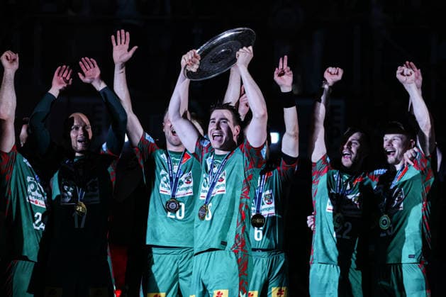 Manuel Zehnder SC Magdeburg,8 with the championship trophy Handball Bundesliga season 2025 2026 SC Magdeburg vs VfL Gummersbach in the GETEC Arena in Magdeburg Action,Handball,Germany,03 06 2026