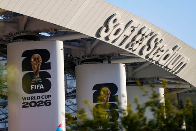 Los Angeles showcases World Cup features ahead of matches FIFA World Cup, WM, Weltmeisterschaft, Fussball signage is displayed outside SoFi Stadium in Inglewood, California, USA, 03 June 2026. The stadium is one of the venues selected to host matches during the upcoming FIFA World Cup. LOS ANGELES CALIFORNIA UNITED STATES  Copyright: xCHRISxTORRESx