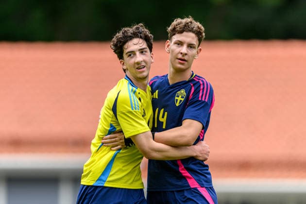 260604 Elion Imeri and Lino Wernberg Hyppänen during an intrasquad match with the Swedish national under 17 national team on June 4, 2026 in Malmö Photo Mathilda Schuler BILDBYRAN kod MA MA0988 fotboll football soccer fotball landslag u17 sweden national teams bbeng intrasquad match internmatch  Copyright: MATHILDAxSCHULER BB260604MA081