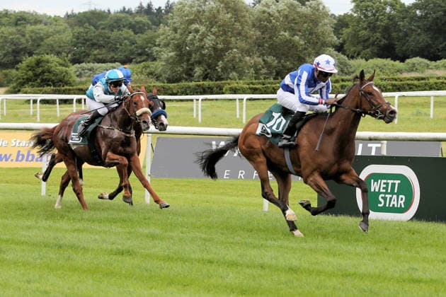 04 06 2026, Iffezheim, Baden Wuerttemberg, GER Sayidah Toronado with Eduardo Pedroza wins racecourse Baden Baden, Iffezheim horse, jockey, Sayidah Toronado, Pedroza, victory, finish, finish 260604B980IFFEZHEIM JPG