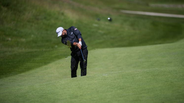 AMSTERDAM, NETHERLANDS - JUNE 04: Matthew Baldwin of England plays his second shot from the bunker of the 10th hole during the first round of the KLM Open at The International on June 4, 2026 in Amsterdam, Netherlands. Credit: Andy Astfalck NurPhoto Netherlands Copyright: xAndyxAstfalckx