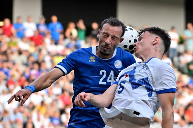 LJUBLJANA, SLOVENIA - JUNE 04: Stavros Georgiou of Cyprus (R) in action against Srdjan Kuzmic of Slovenia (R) during the International men?s football Friendly match between Slovenia and Cyprus at Stadium Stozice, Ljubljana on June 04, 2026 in Ljubljana, Slovenia. (Photo by Igor Kupljenik Sports Press Photo). Copyright: xIgorxKupljenikx xSPPx Sportspressphoto_SPR160716