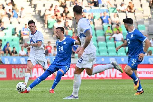 LJUBLJANA, SLOVENIA - JUNE 04: Stavros Georgiou of Cyprus (2L) in action against Benjamin Verbicof Slovenia (L) during the International men?s football Friendly match between Slovenia and Cyprus at Stadium Stozice, Ljubljana on June 04, 2026 in Ljubljana, Slovenia. (Photo by Igor Kupljenik Sports Press Photo). Copyright: xIgorxKupljenikx xSPPx Sportspressphoto_SPR160743