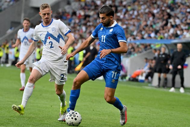 LJUBLJANA, SLOVENIA - JUNE 04: Andronikos Kakoulli of Cyprus (R) in action against Zan Karnicnik of Slovenia (L) during the International men?s football Friendly match between Slovenia and Cyprus at Stadium Stozice, Ljubljana on June 04, 2026 in Ljubljana, Slovenia. (Photo by Igor Kupljenik Sports Press Photo). Copyright: xIgorxKupljenikx xSPPx Sportspressphoto_SPR160760