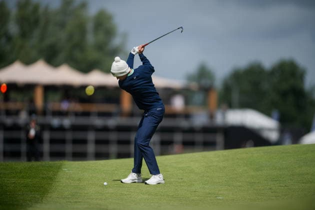 AMSTERDAM, NETHERLANDS - JUNE 04: Marcus Kinhult of Sweden plays his second shot from the bunker of the 10th hole during the first round of the KLM Open at The International on June 4, 2026 in Amsterdam, Netherlands. Credit: Andy Astfalck NurPhoto Netherlands Copyright: xAndyxAstfalckx