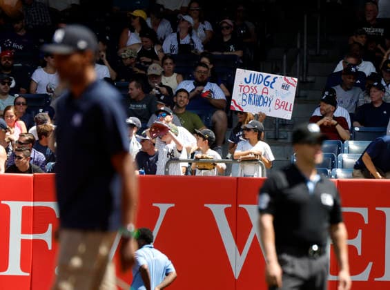 A fan holds a sign for Aaron Judge when the New York Yankees play the Cleveland Guardians at Yankee Stadium on Thursday, June 4, 2026 in New York City. The Yankees defeated the Guardians 2-1.  NYP20260604108 JOHNxANGELILLO