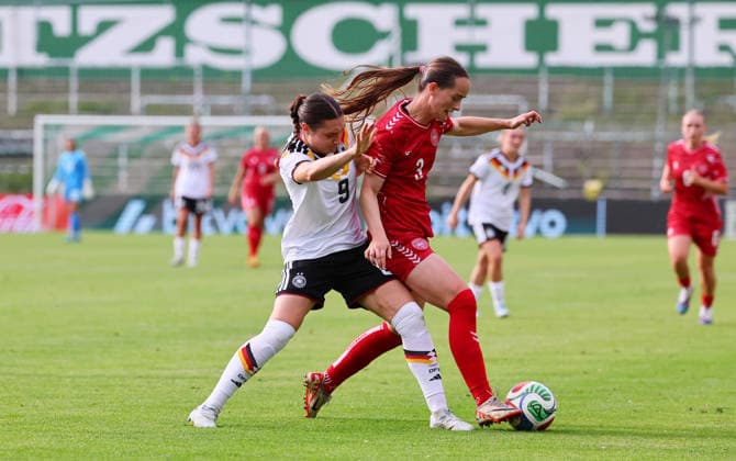 Germany Denmark international U23 Women Leipzig, 04 06 2026, Alfred Kunze Sportpark, Soccer, U23 Women, International match BR GERMANY GER vs DENMARK DEN 2 0 2 0 , In the picture from l Sophie Weidauer 9, GER, Union Berlin and Frida Nautrup 3, DEN , Picture Point