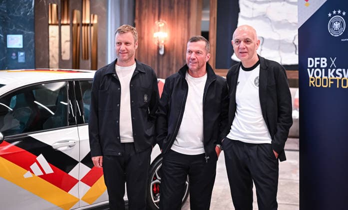 Soccer World Cup 2026 preparation Germany in Chicago 05 06 2026 DFB Volkswagen Rooftop Night at the Hotel Riu Plaza DFB Secretary General Dr. Holger Blask, record national player, world champion 1990 and honorary captain of the German national team, Lothar Matthaeus and DFB President Bernd Neuendorf from left in front of a VW Golf GTI in the design of the 1994 World Cup