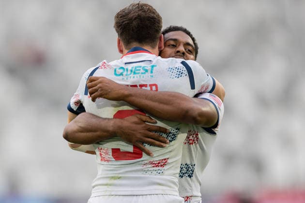 Bordeaux Sevens, SVNS Rugby World Championship After the unexpected victory, the US Americans Orrin Bizer and Marcus Tupuola embrace each other Group match between the USA and Australia Third tournament of the SVNS World Championship, Sevens Rugby World Cup from June 5 to 7, 2026 in Bordeaux France Day 1, Group matches on June 5, 2026 , Bordeaux Region Nouvelle Aquitaine France Stade Atlantique