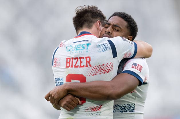 Bordeaux Sevens, SVNS Rugby World Championship After the unexpected victory, the US Americans Orrin Bizer and Marcus Tupuola embrace each other Group match between the USA and Australia Third tournament of the SVNS World Championship, Sevens Rugby World Cup from June 5 to 7, 2026 in Bordeaux France Day 1, Group matches on June 5, 2026 , Bordeaux Region Nouvelle Aquitaine France Stade Atlantique